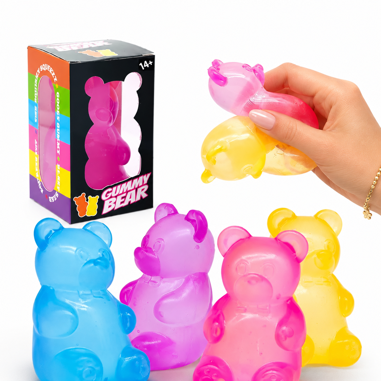Colorful gummy bear-shaped toys with a hand holding one, next to their packaging.